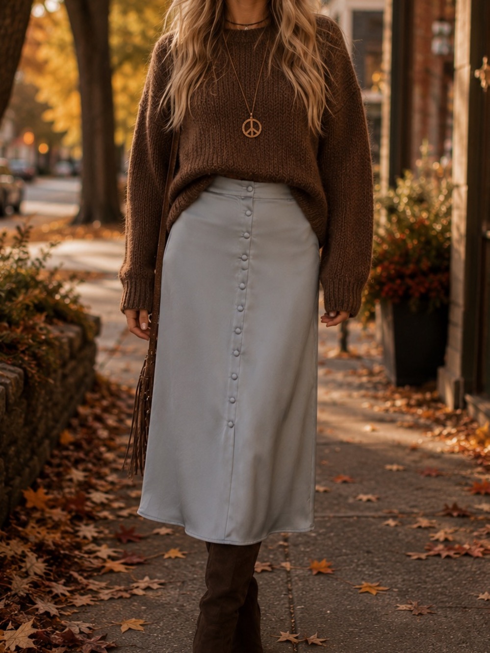 Free people  Silver Satin Button-Front  Midi Skirt